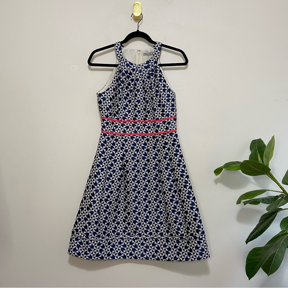 Eliza J Geometric Print Navy Blue and Pink Halter Fit and Flare Dress